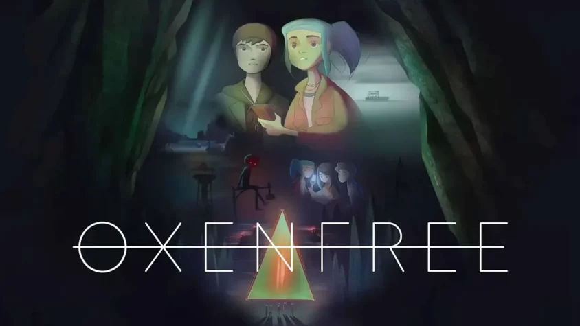 Oxenfree - Обложка игры Обложка игры Oxenfree, с изображением персонажей, окружающих их мистический мир