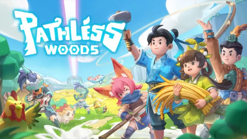 Обложка игры Pathless Woods с героями, исследующими странный мир