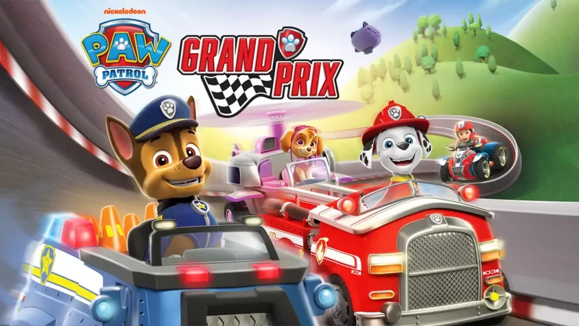 Paw Patrol: Grand Prix - Обложка игры Обложка игры Paw Patrol: Grand Prix с полицейской машиной, пожарной машиной и гоночными питомцами