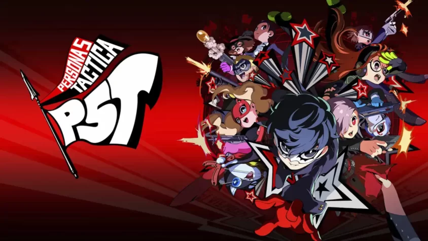 Обложка игры Persona 5 Tactica Персонажи на обложке игры Persona 5 Tactica, стоящие в эпичной позе на фоне красного неба.