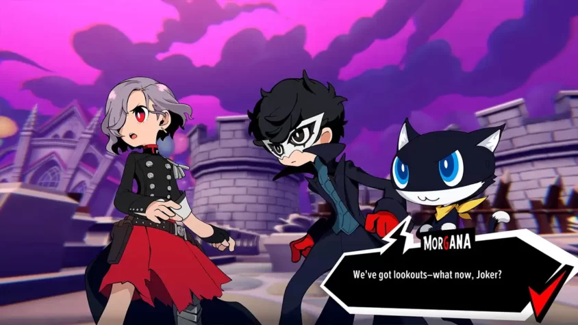Персонажи в стиле Persona 5 на фоне розового неба, готовые к бою