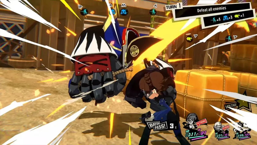 Герой сражается с врагом в традиционном стиле Persona 5, используя силу атаки