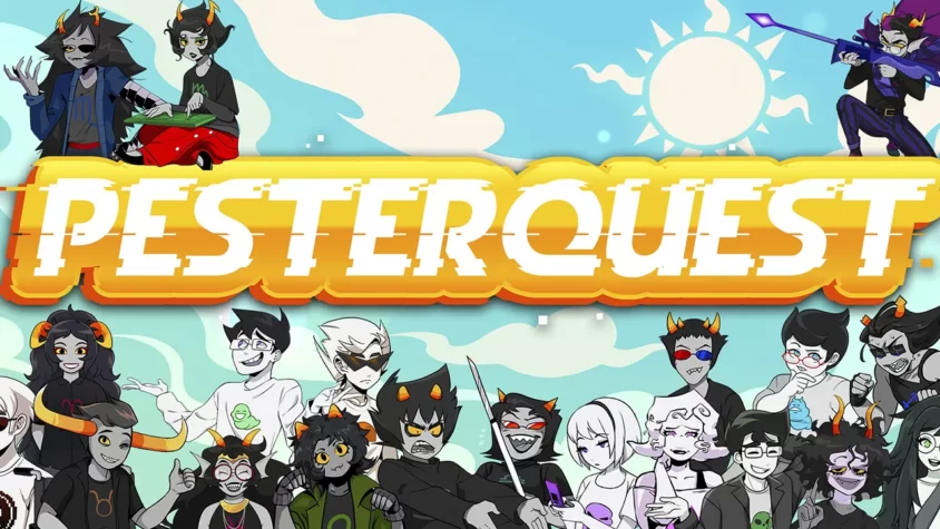 Обложка игры Pesterquest с персонажами в типичном стиле, полным сарказма и чёрного юмора