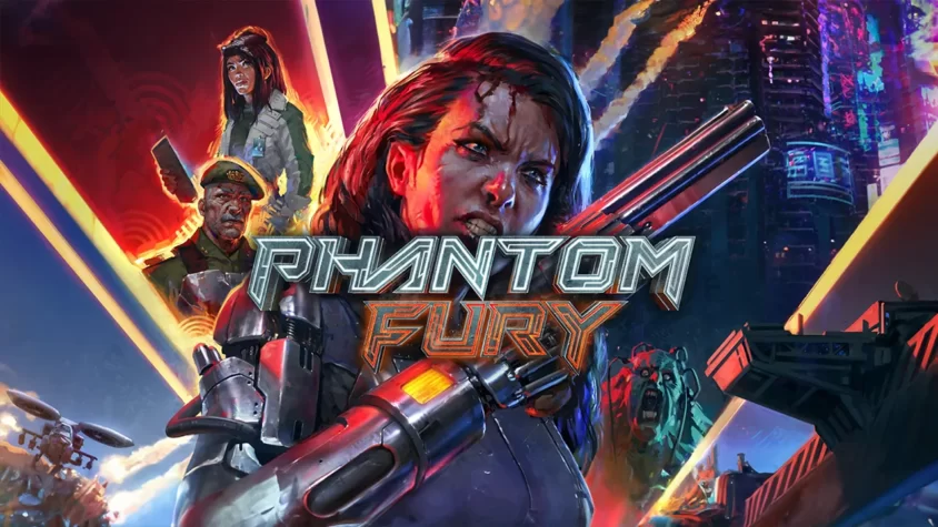 Phantom Fury - Обложка Обложка игры Phantom Fury, с героиней, держащей оружие на фоне яркого неонового города