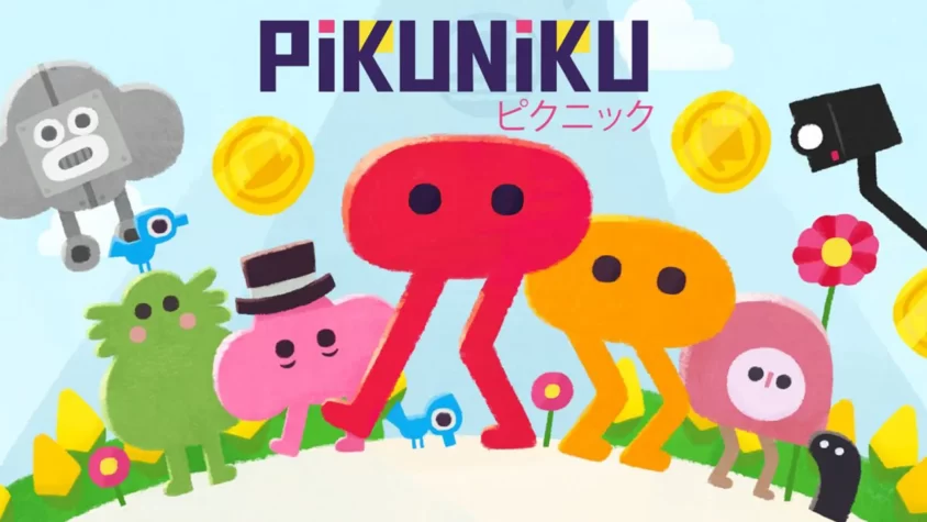 Главная обложка игры Pikuniku, с яркими персонажами и монетами