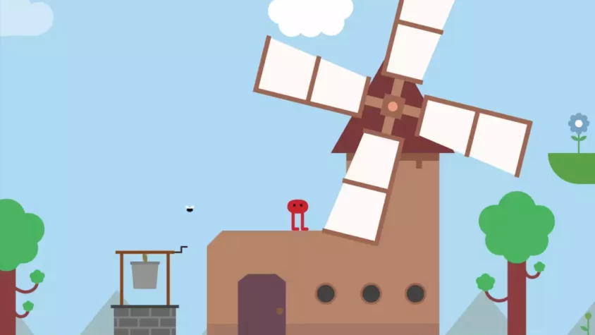 Персонажи игры Pikuniku возле ветряной мельницы