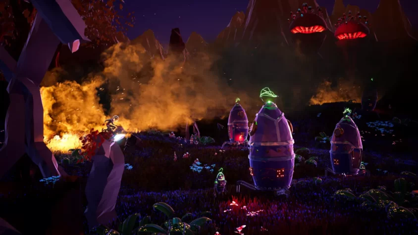Игра Planet Alpha, ночью с атмосферой огня и загадочных объектов