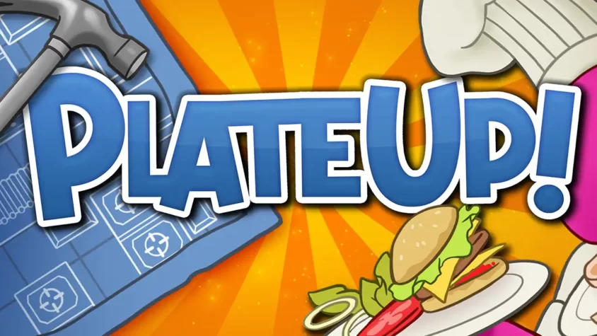 Обложка PlateUp! Яркая обложка игры PlateUp! с инструментами, бургером и шеф-поварской шапкой