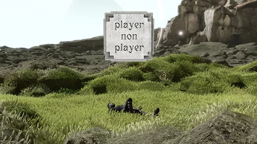Обложка игры Player Non Player, изображение с основным персонажем, лежащим на траве