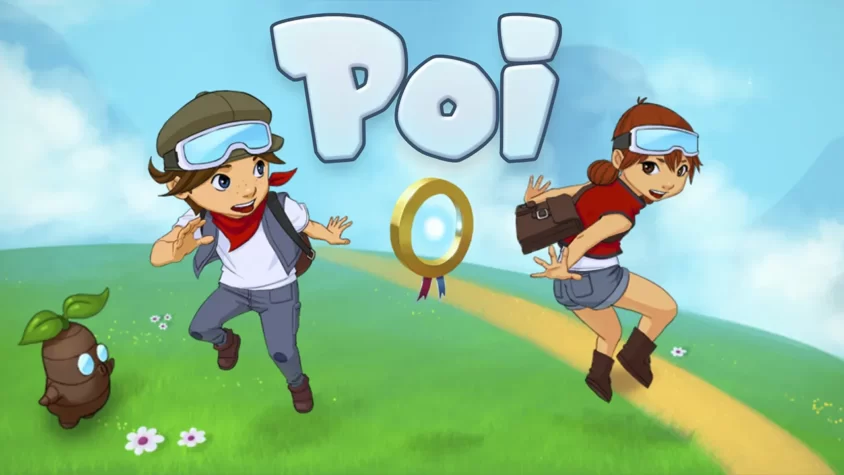 Обложка игры Poi Обложка игры Poi, где два героя с рюкзаками и шлемами мчаться по яркому пейзажу, преследуя золотое кольцо