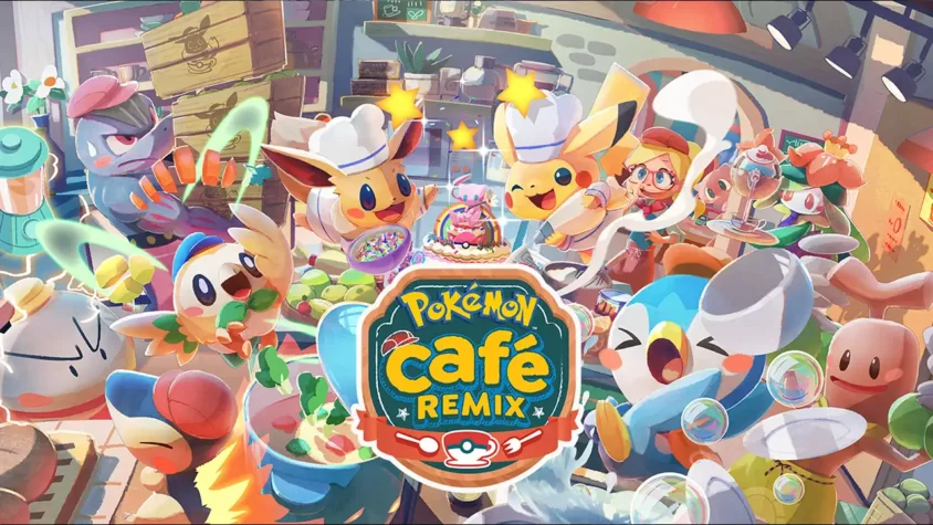 Оформление игры Pokémon Café ReMix с множеством покемонов в кухонной атмосфере