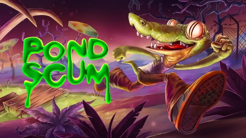 Pond Scum: A Gothic Swamp Tale — постер игры Постер игры Pond Scum: A Gothic Swamp Tale с бегущей ящерицей на фоне странного болота