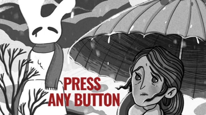 Press Any Button Обложка игры с персонажем, который стоит на фоне зимнего пейзажа, а перед ним девушка с зонтом