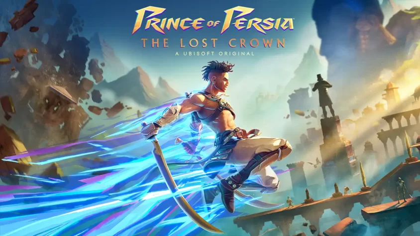 Prince of Persia: The Lost Crown - Обложка Обложка игры Prince of Persia: The Lost Crown, где главный герой с саблей и голубыми энергиями летит через древние руины