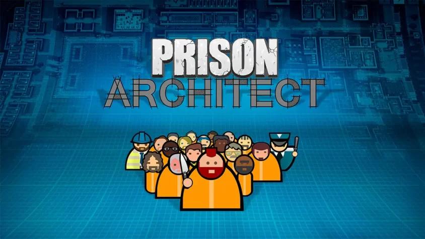 Prison Architect - Обложка игры Обложка игры, на которой изображена группа персонажей в оранжевых заключенческих формах с тюрьмой на фоне