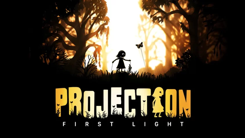 Обложка игры Projection: First Light Обложка игры Projection: First Light с силуэтами персонажей на фоне яркого света