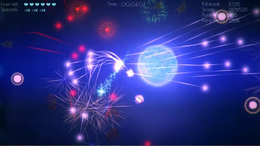 Игровая сцена Pulstar с множеством врагов и ярких выстрелов