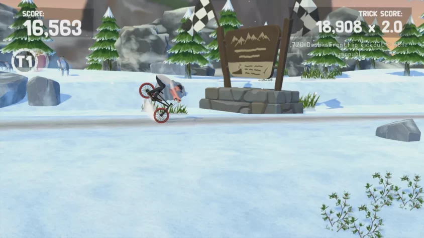 Герой выполняет трюк в заснеженной местности игры Pumped BMX Pro
