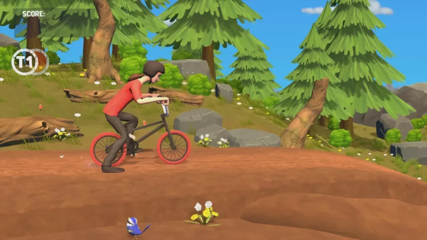 Персонаж катится по горной местности, выполняя трюк в Pumped BMX Pro