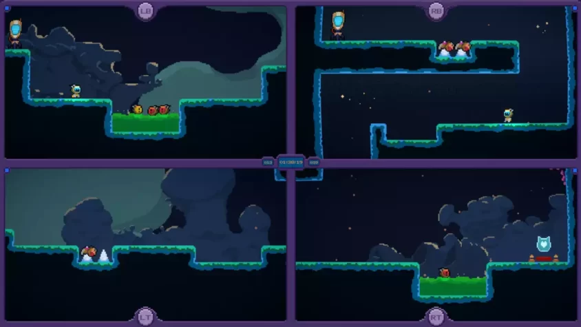 Экран игры с четырьмя игровыми областями в Quadroids