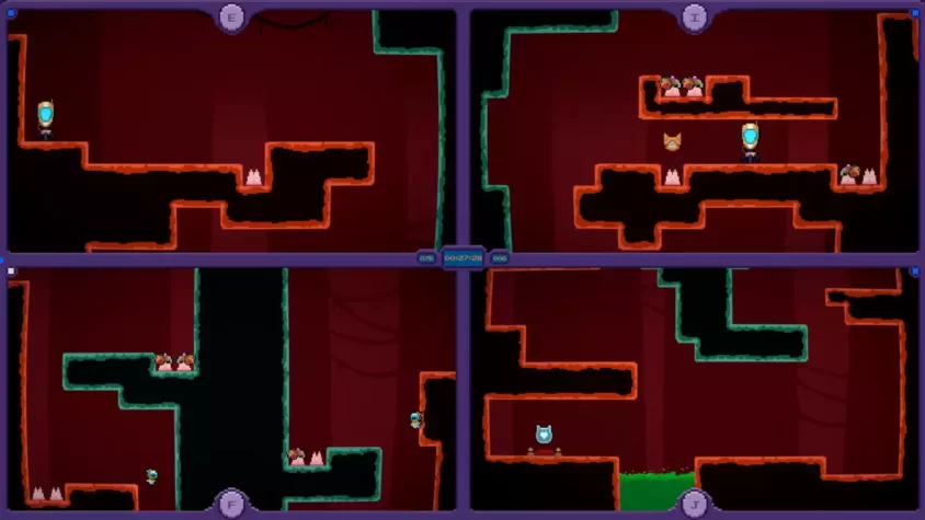 Игра с четырьмя областями и различными препятствиями в Quadroids