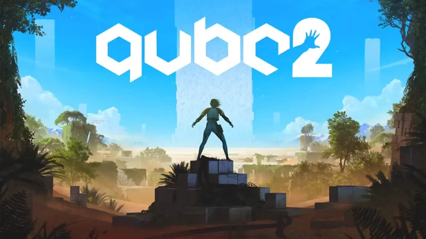 Обложка игры Q.U.B.E. 2, где персонаж стоит на камнях и смотрит в сторону горизонта