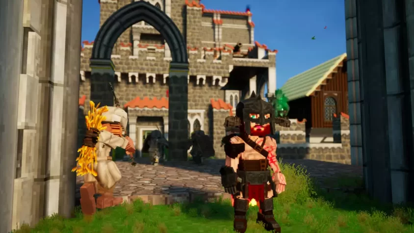 Персонажи игры QubiQuest: Castle Craft на фоне замка