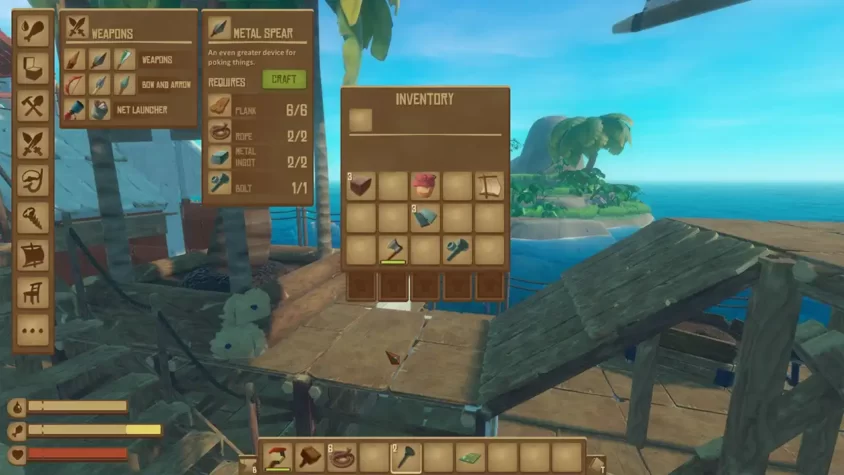 Интерфейс крафта с оружием, в частности металлическим копьем в игре Raft