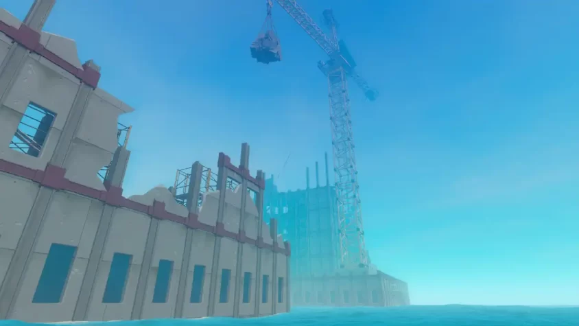 Строительная площадка с краном на фоне разрушенного города в игре Raft
