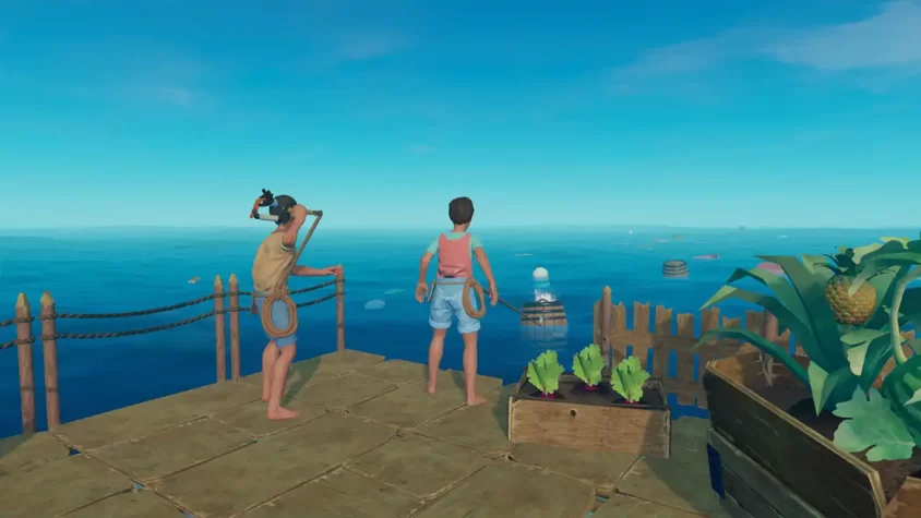 Игроки на плоту с луковым оружием и видом на океан в Raft