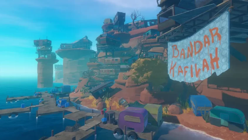 Руины высотных зданий на плоту с флагом в игре Raft