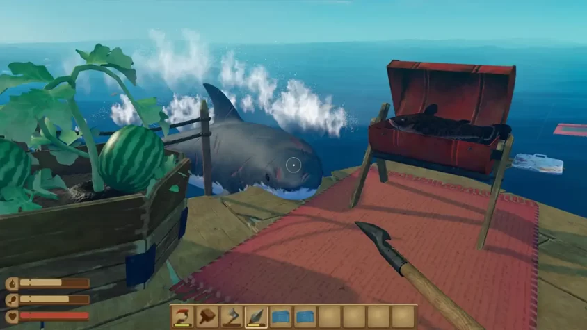 Шарик, шагающий по плоту и показывающий акулу в игре Raft