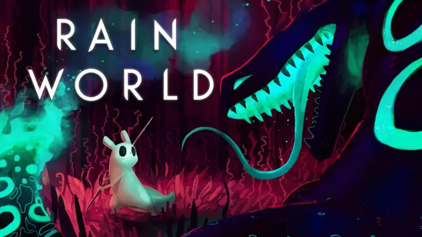 Главная обложка игры Rain World с милым слаймом и гигантским монстром