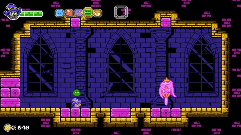 Геймплей игры Ravva and the Phantom Library, персонаж на фоне фиолетовых стен