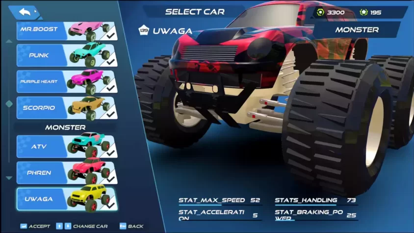 Выбор машины в RC Revolution с разнообразием внешнего вида автомобилей