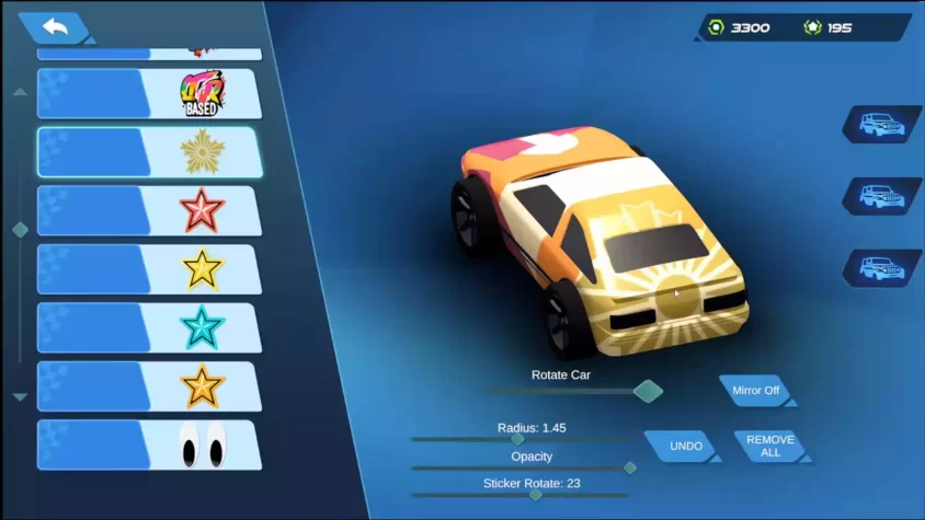 Настройка наклеек на машине в RC Revolution с выбором украшений