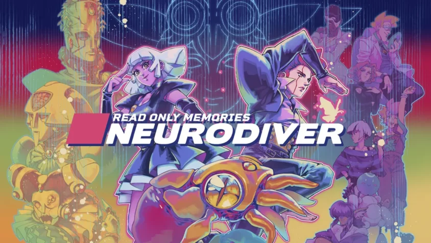 Обложка игры Read Only Memories: Neurodiver, с яркими персонажами и футуристической темой