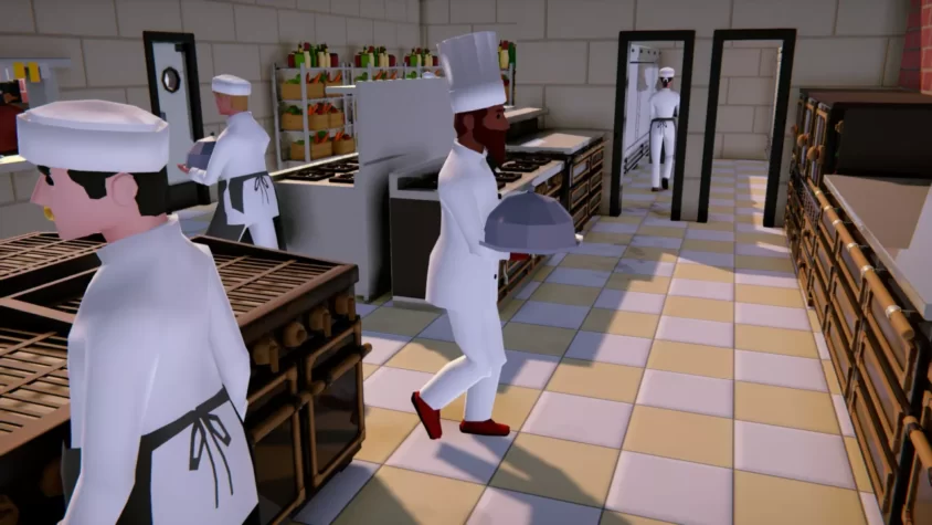 Шеф-повар в игре Recipe for Disaster с гордостью несет блюда, а коллеги занимаются чем-то более важным