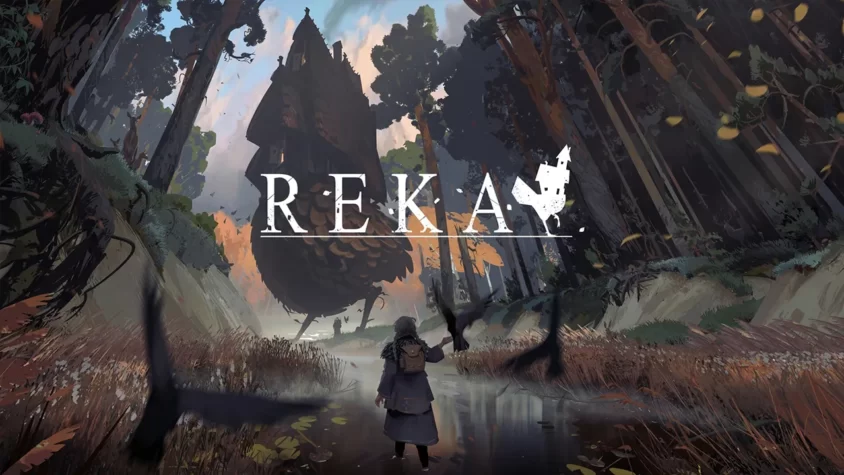 Обложка игры Reka Обложка игры Reka, изображающая персонажа в лесу и загадочную структуру