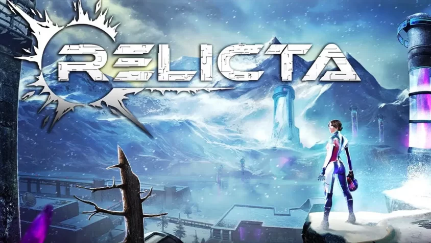 Обложка игры Relicta Обложка игры Relicta, где изображена персонаж в футуристическом костюме на фоне замороженного мира с высокими башнями и снежными пейзажами