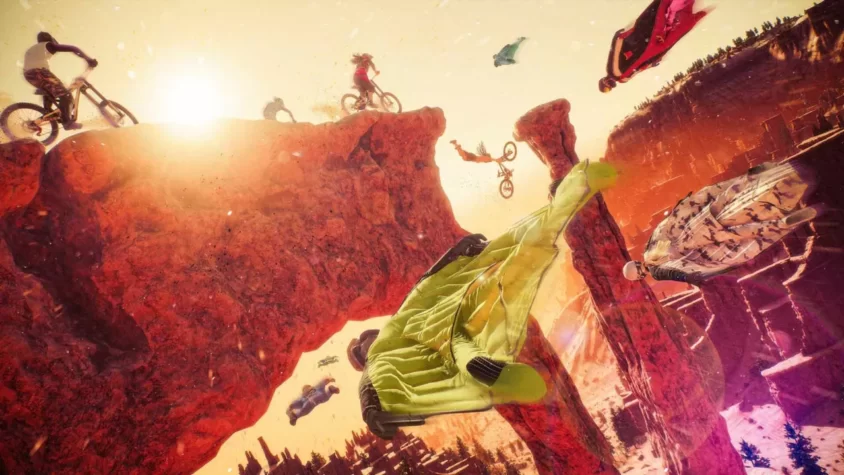 Экстремальные трюки на фоне яркого заката в Riders Republic