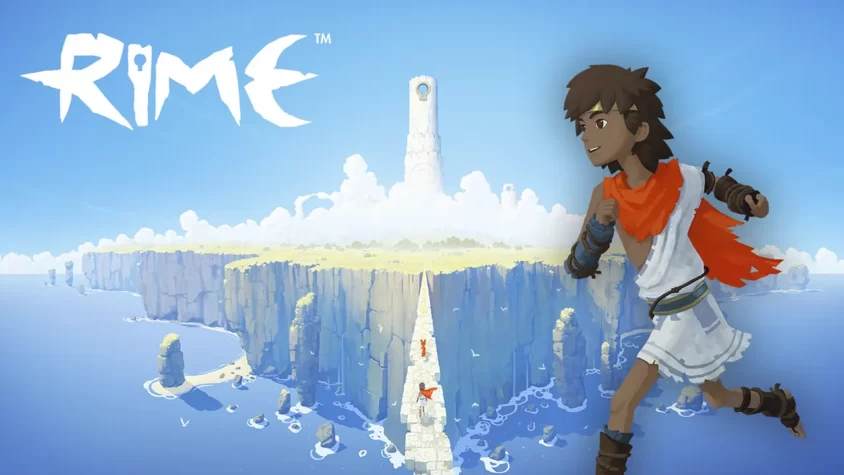 Обложка игры Rime Обложка игры Rime, с мальчиком и вершиной башни на фоне яркого неба