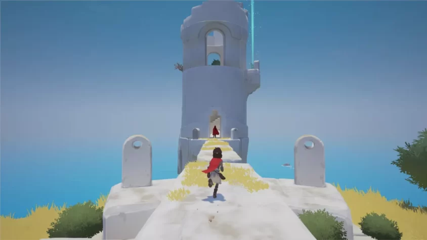 Персонаж Rime, бегущий от гигантского орла на фоне разрушенного ландшафта