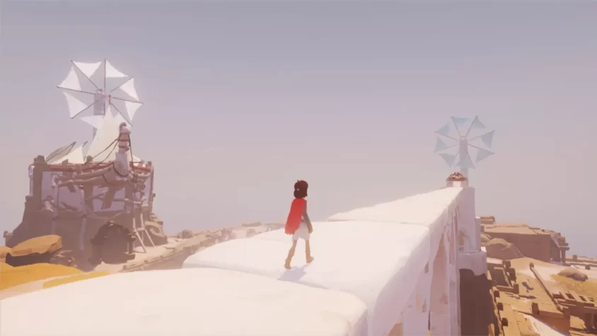Персонаж Rime, бегущий по каменному мосту, ведущему к таинственной башне