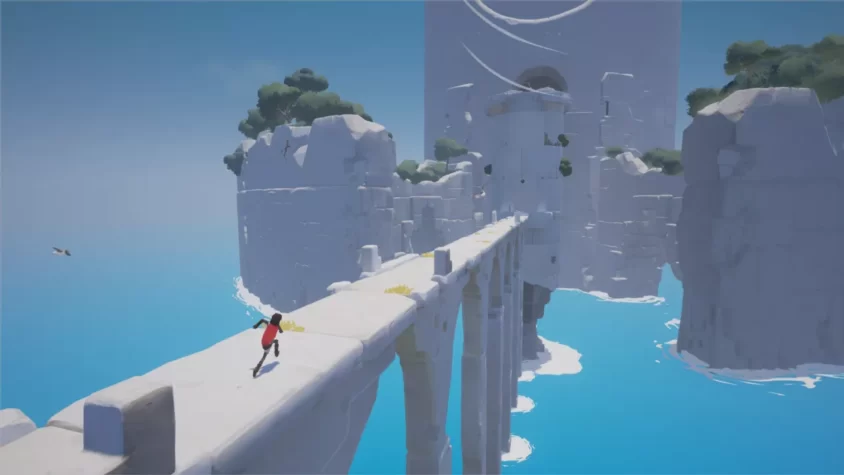 Персонаж Rime, играющий с рыжим лисом в пустынном пейзаже