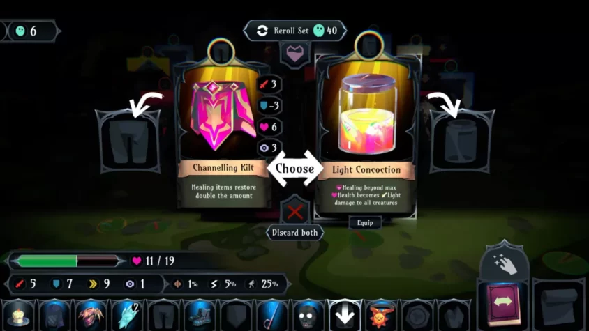 Геймплей игры Ring of Pain с выбором между предметами на поле битвы