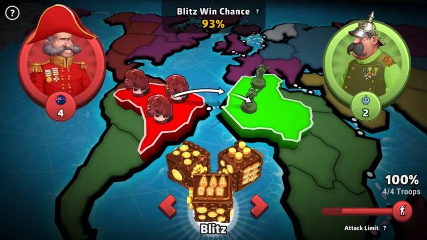 Сражение в игре Risk: Global Domination с шансом победы 93% для атаки на зеленую территорию
