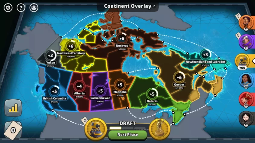 Карта Северной Америки в игре Risk: Global Domination с регионами, где игроки могут усилить свои армии