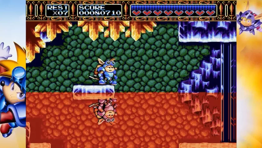 Платформенный элемент в Rocket Knight Adventures: Ракетный рыцарь преодолевает препятствия
