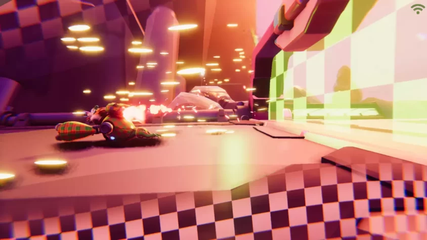 Геймплей из Rocket Rumble с персонажем на фоне ярких эффектов